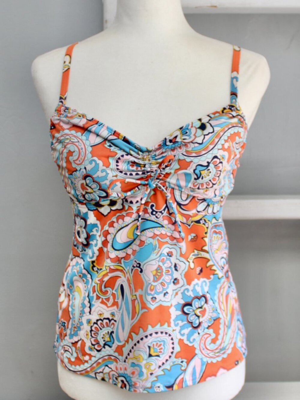 Lands' End Floral Paisley Orange Blue Underwire Ruched Swim Top Tank Size 6